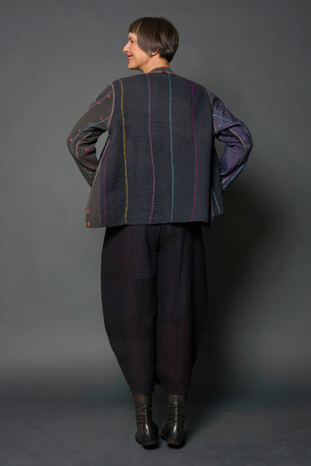 JEWEL WOVEN WITH VERTICAL PATCH KANTHA KAFTAN JACKET SHORT - jv4088-blk -