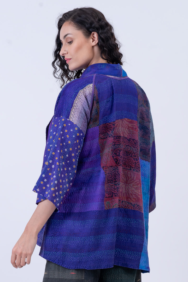 GEORGETTE VINTAGE SILK PATCH KANTHA KIMONO JACKET - gs2004-prp -