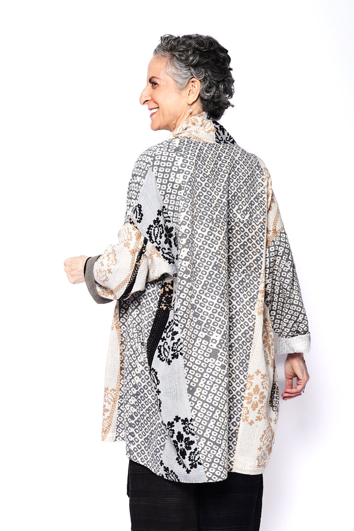 KIMONO COTTON KANTHA HAORI JACKET - kc2068-gry -