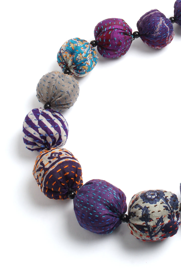 VINTAGE SILK KANTHA NUTS LONG NECKLACE - sv2702-prp -