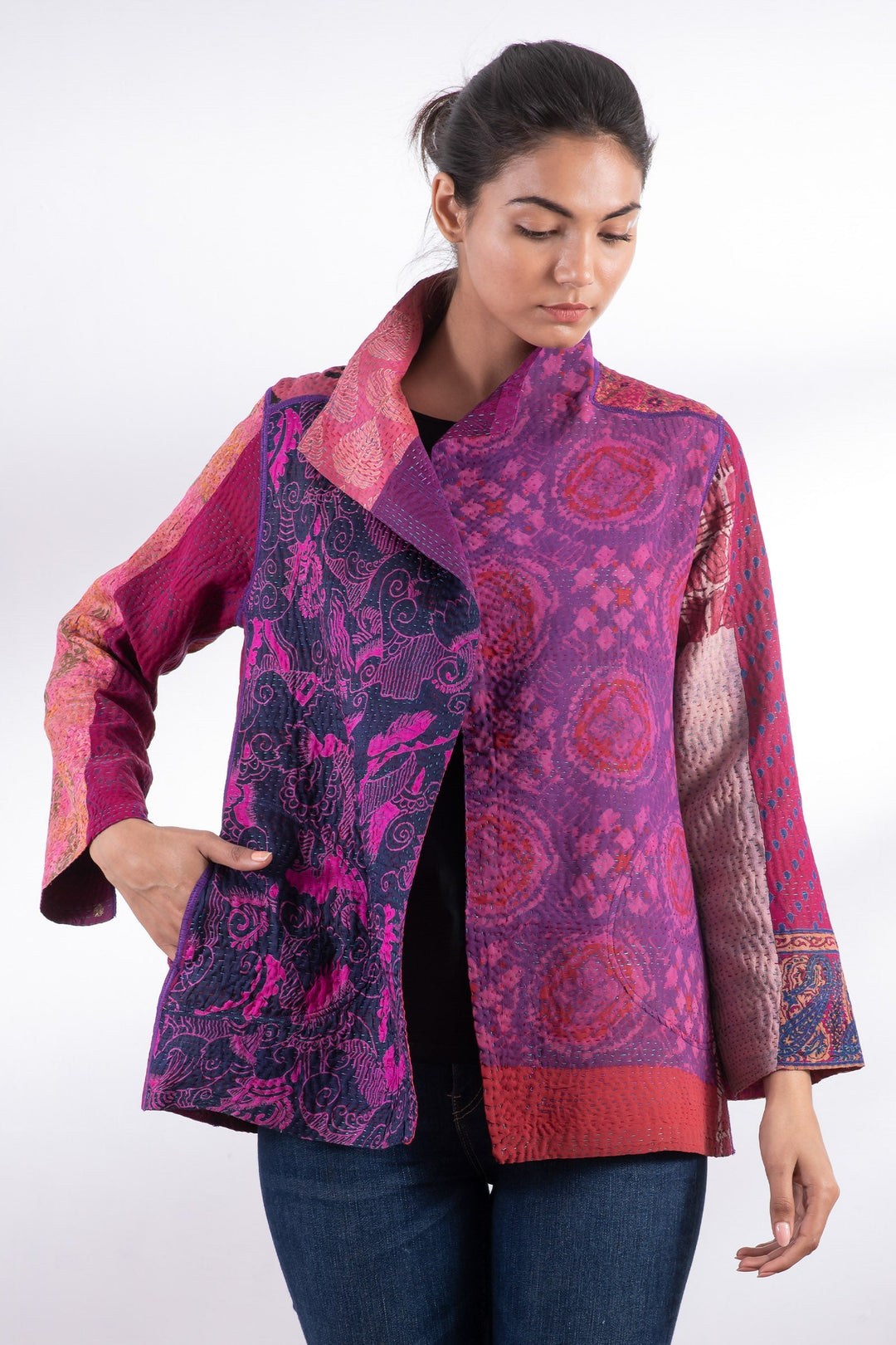 JACQUARD SILK KANTHA SHORT JACKET - js4007-pik -