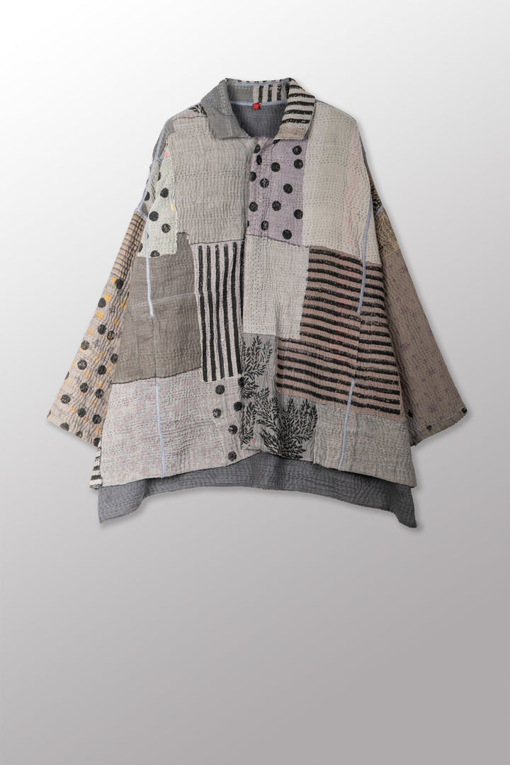 FRAYED PATCH KANTHA WITH STAMP OVERSIZED MINI COAT - sp-fi4332-gry -