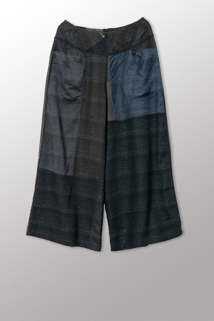 JAIPUR PATCH KANTHA MID RISE WIDE LEG PANTS - jp2665-blk -