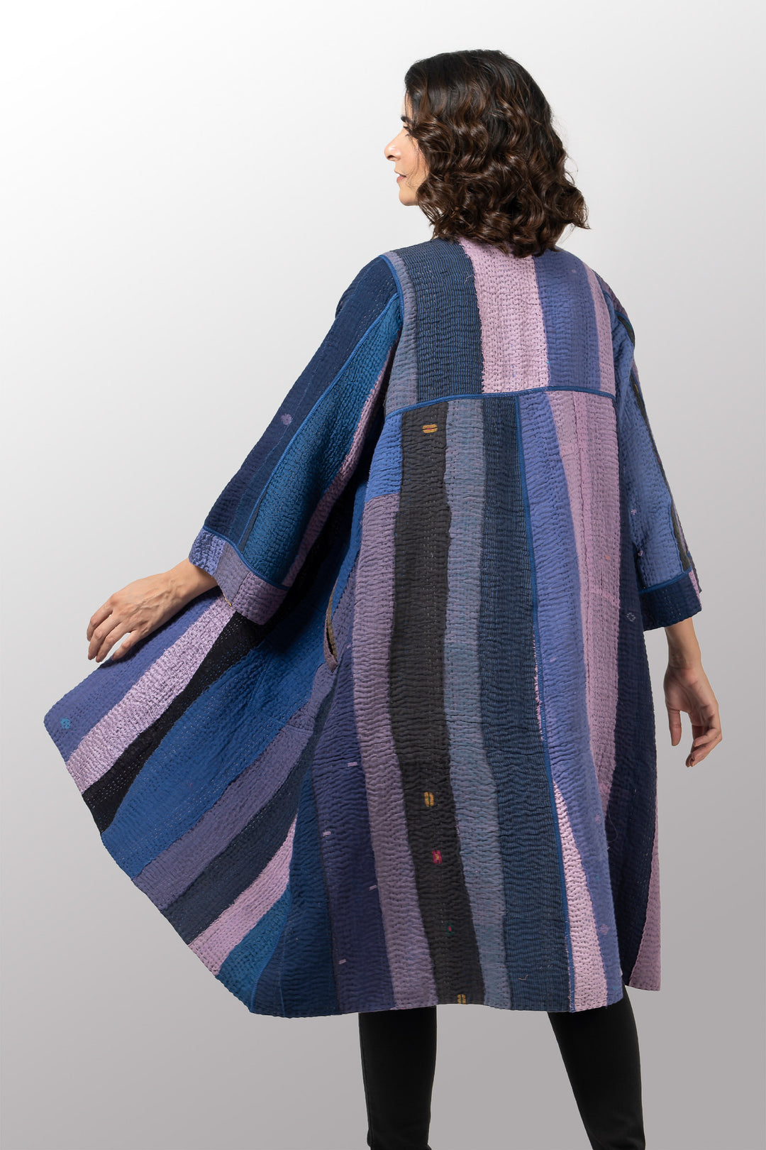 COTTON STRIPE PATCH KANTHA WRAP FLARE COAT - cs4330-prp -