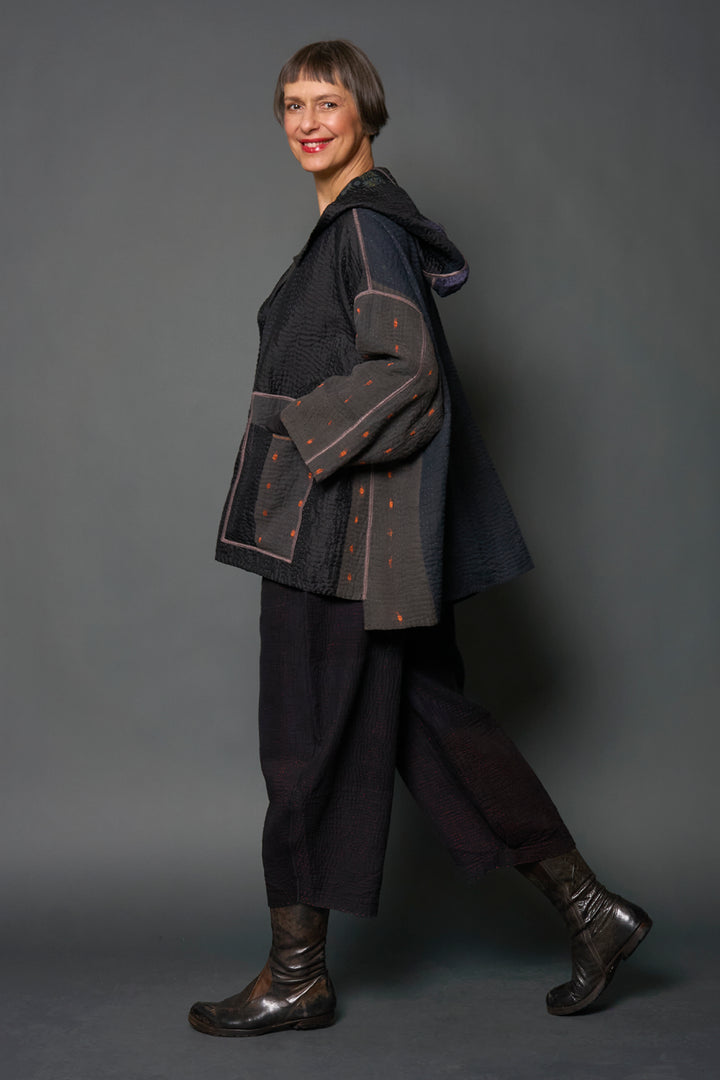 JEWEL WOVEN WITH VERTICAL PATCH KANTHA HOODIE PONCHO - jv4064-blk -