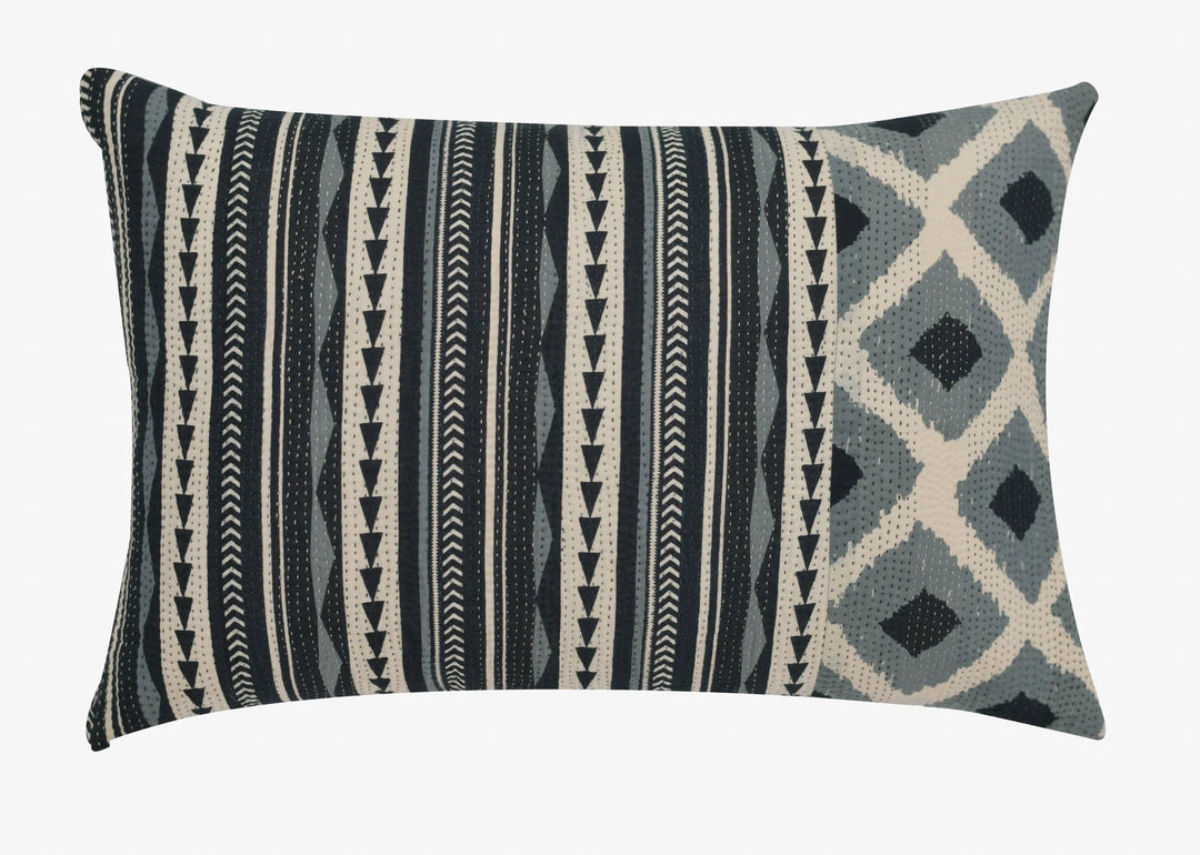Monotone Ikat Handmade Vintage Kantha Pillow -Black