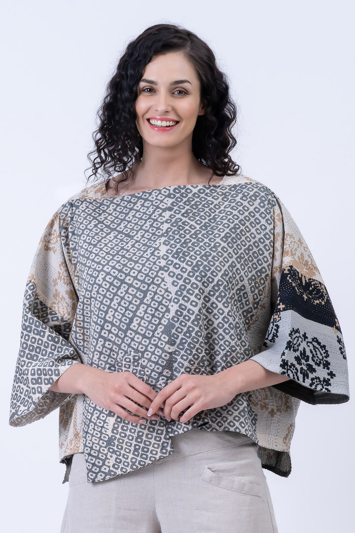 KIMONO COTTON KANTHA 3/4 SLV. CROP TOP MIO - kc2538-gry -