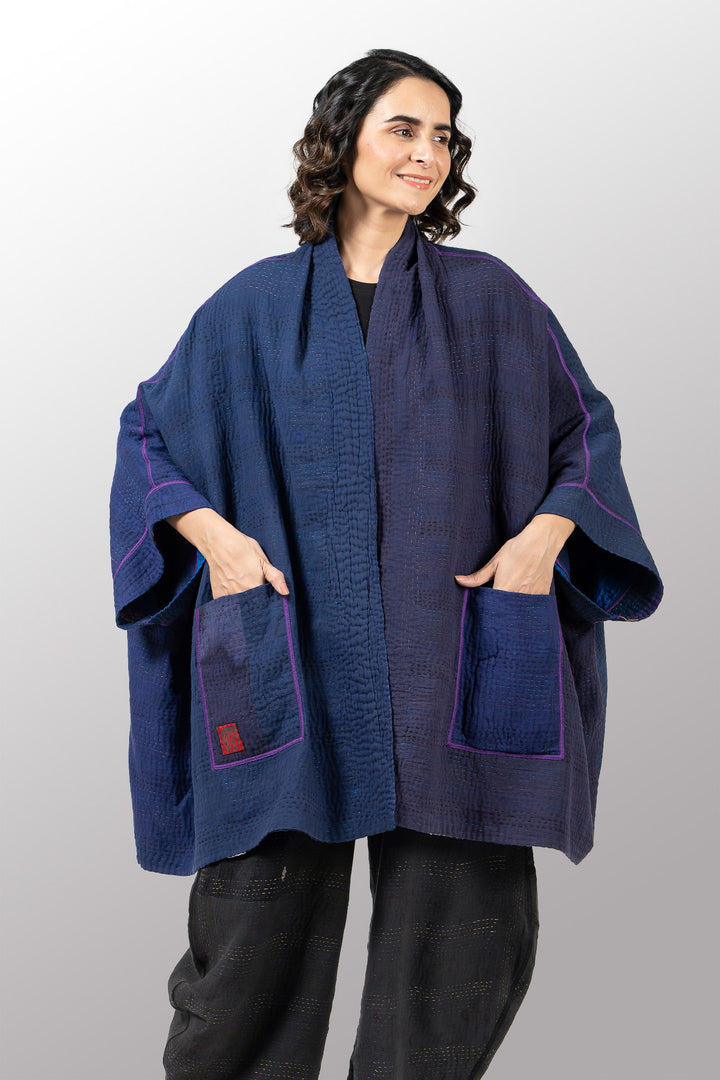COTTON SILK SW PATCH KANTHA A-LINE JKT - ws4003-nvy -