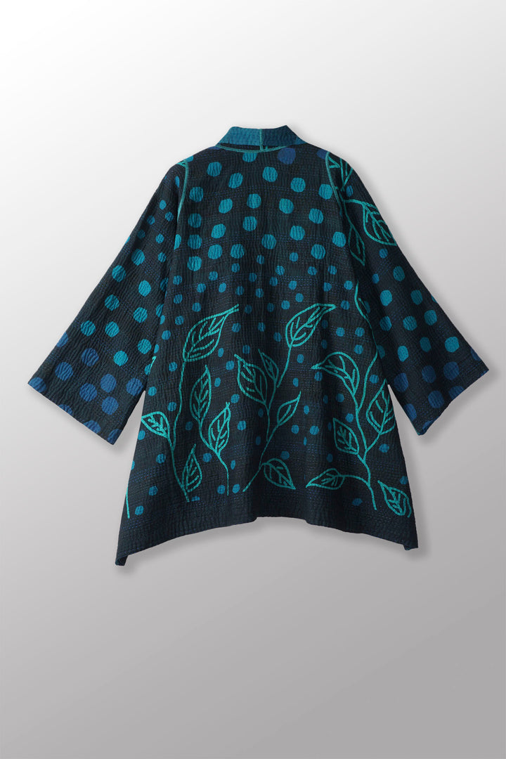 OVERDYED POLKA DOTS & LEAVES KANTHA A-LINE JACKET - dl4003-tuq -