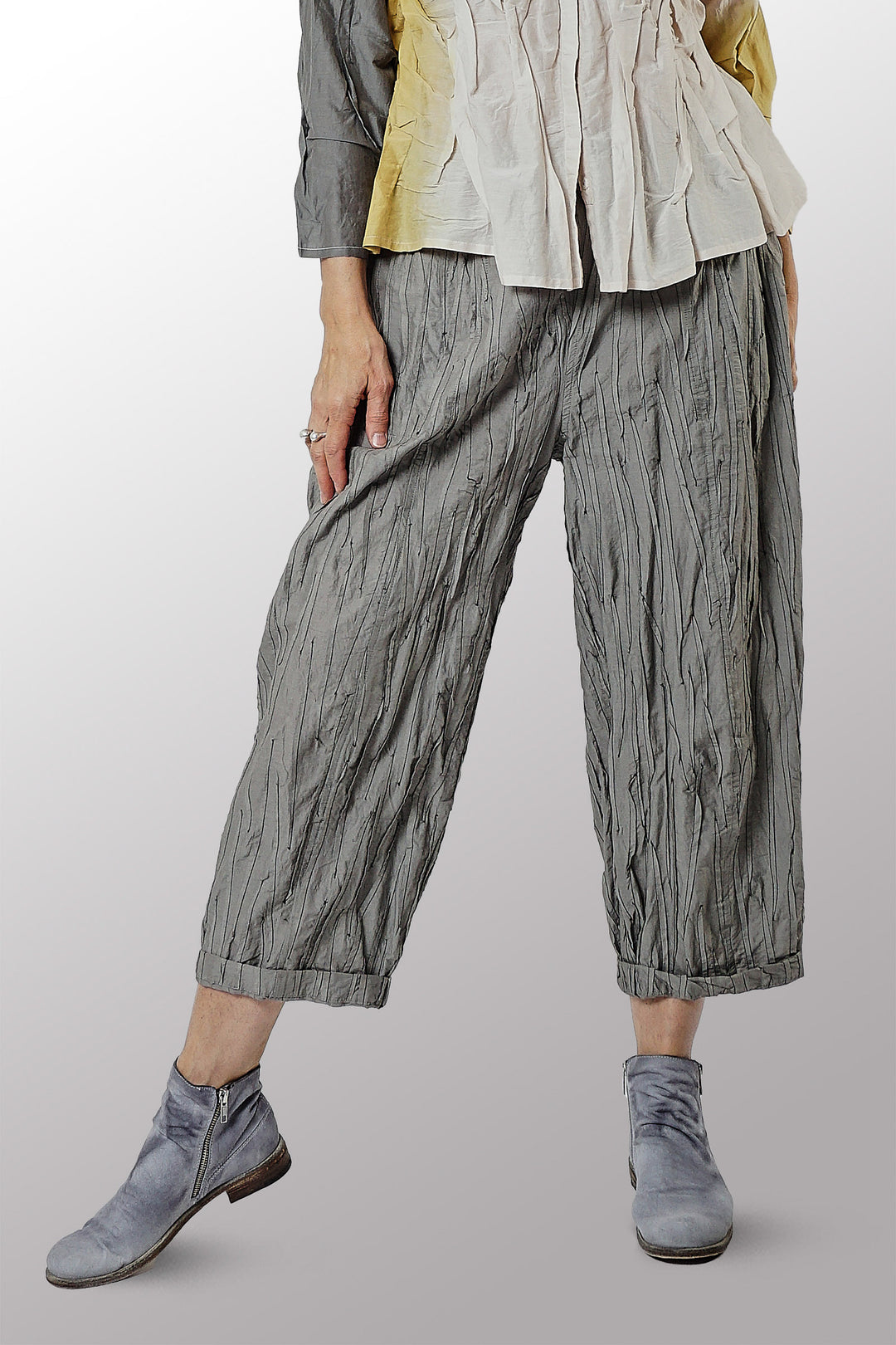 POLISHED COTTON RANDOM TUCK VOILE BARREL PANTS - rc1641-gry -