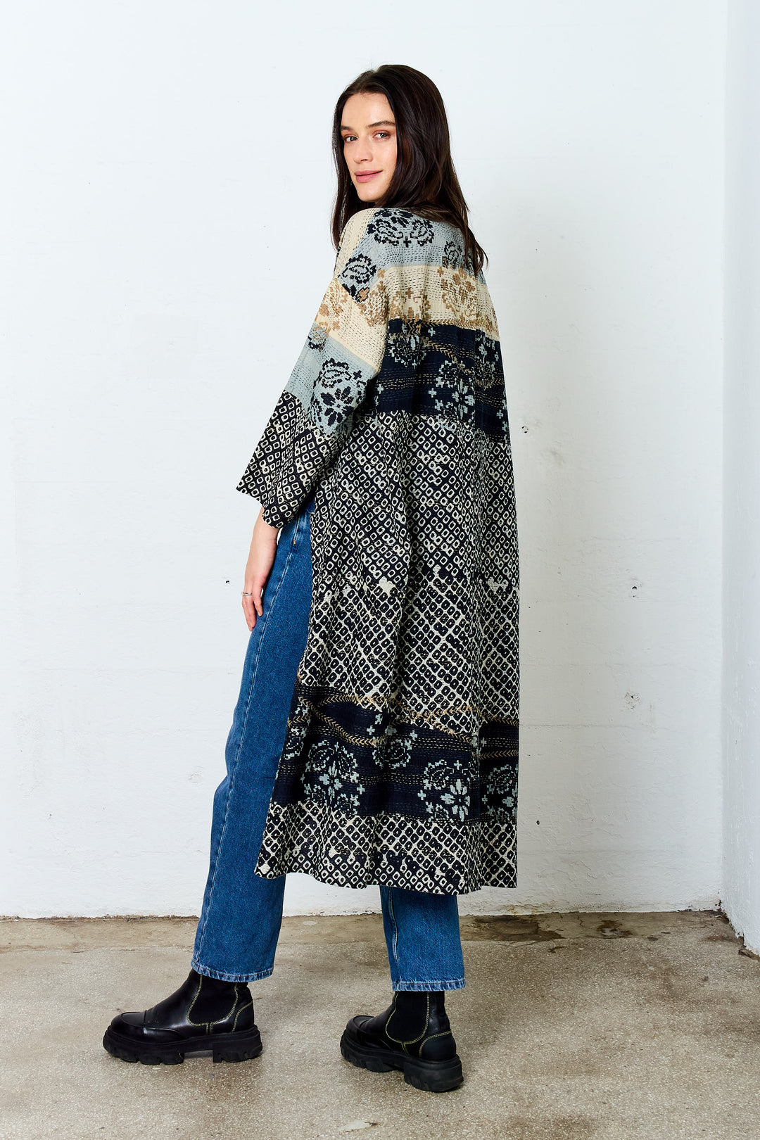 KIMONO COTTON KANTHA LONG DUSTER - kc2328-blk -