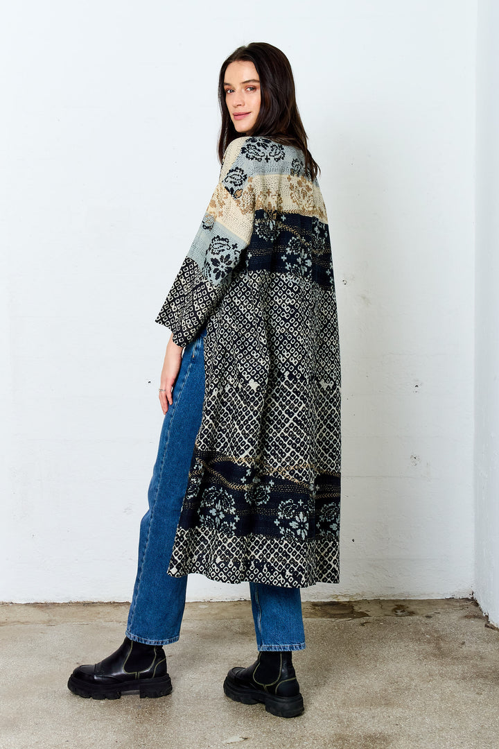 KIMONO COTTON KANTHA LONG DUSTER - kc2328-blk -