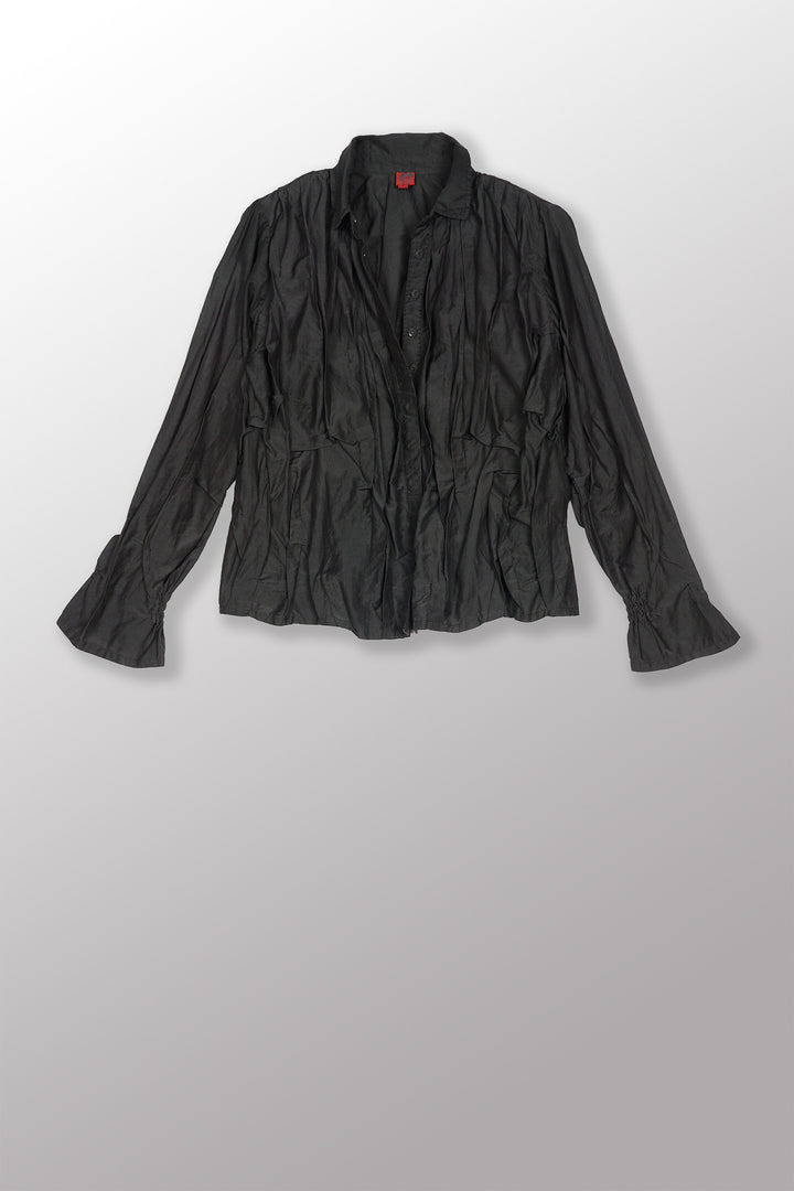 DYED COTTON SILK VOILE WAVY TUCK CROPPED SHIRT - dc1579-gry -