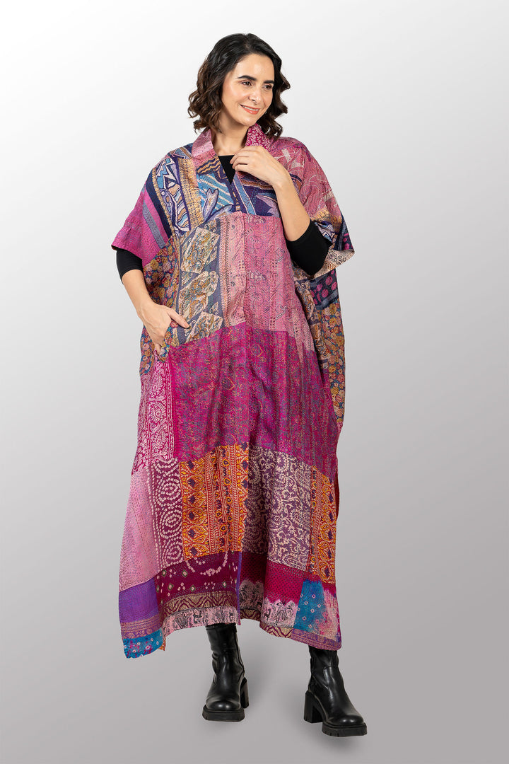 VINTAGE SILK KANTHA PONCHO DRESS - sv2443-0001a -