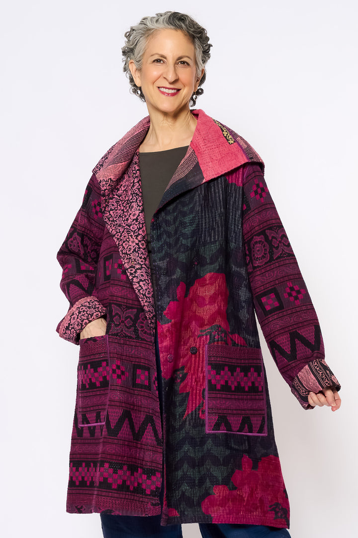 VINTAGE COTTON KANTHA POCKET MEDIUM COAT - cv4316-0047m -