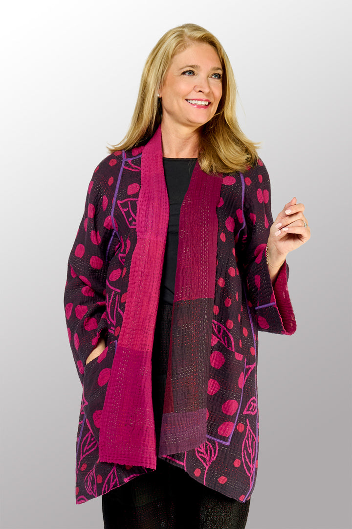 OVERDYED POLKA DOTS & LEAVES KANTHA A-LINE JACKET - dl4003-fus -