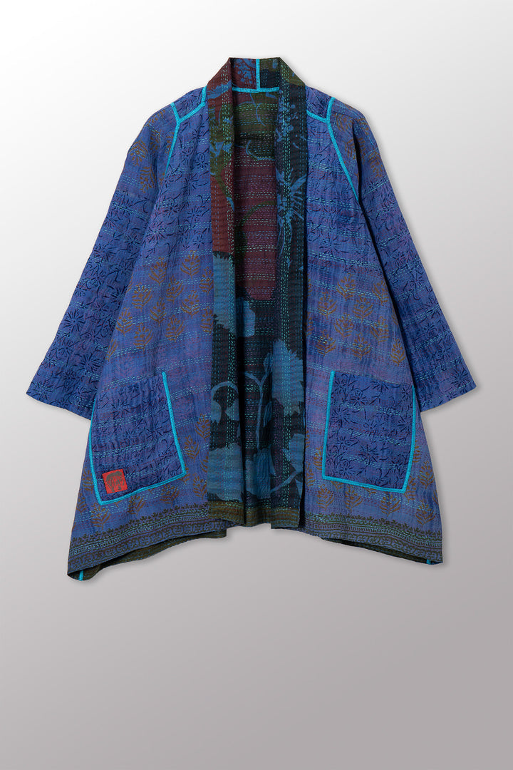VINTAGE SILK GEORGETTE COTTON KANTHA A-LINE JKT - gc2003-0040a -
