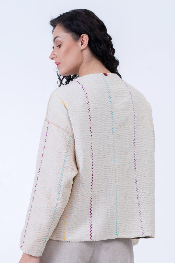 JEWEL WOVEN WITH VERTICAL PATCH KANTHA CREW NECK SHORT JACKET - jv4053-ivy -