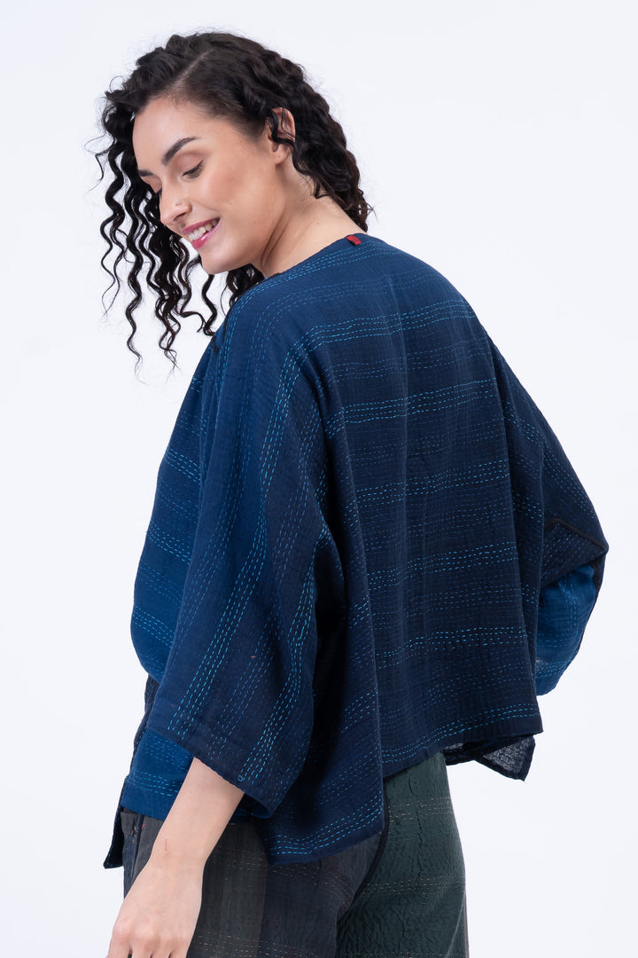 MONOTONE TWILIGHT PRINT KANTHA 3/4 SLV. CROP TOP MIO - tp2538-nvy -