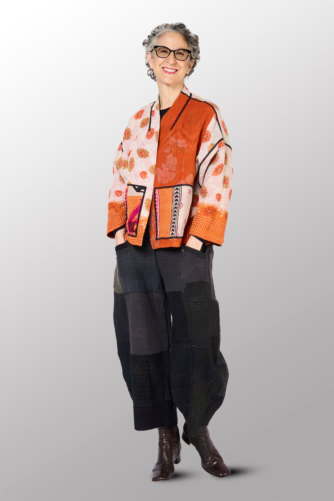 VINTAGE COTTON KANTHA STAND COLLAR CROPPED JKT - cv4034-0157a -