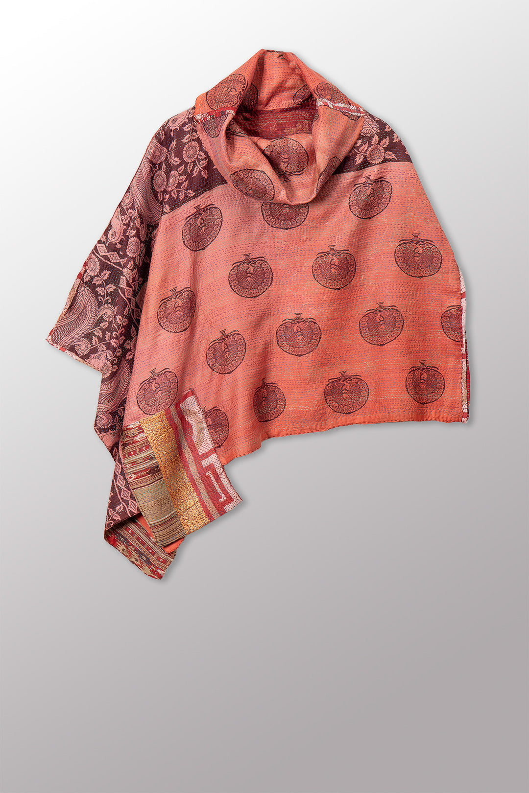 VINTAGE SILK KANTHA COWL NECK LONG CAPE - sv2842-0011a -