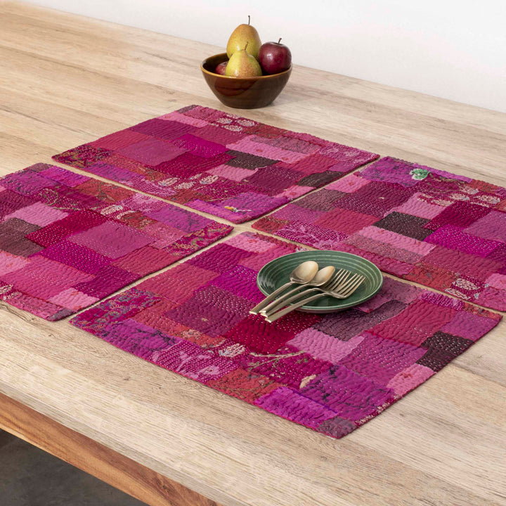 Printed Fray Vintage Cotton Kantha Placemats -Pink (Set of 2)