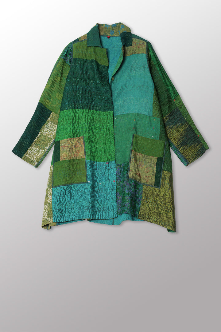 VINTAGE SILK KANTHA A-LINE DUSTER - sv4311-sgr -
