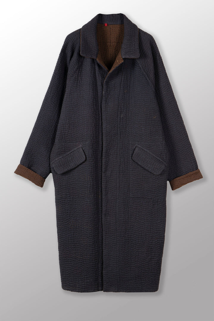 QUILTED VINTAGE COTTON WITH FLANNEL KANTHA RAGLAN SLEEVE COAT - fq5337-blk -
