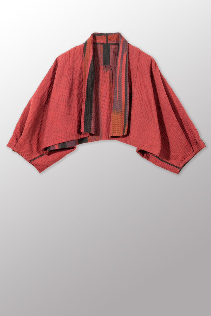 IKAT STRIPE KANTHA PUFF SLV. SHRUG - is4062-red -