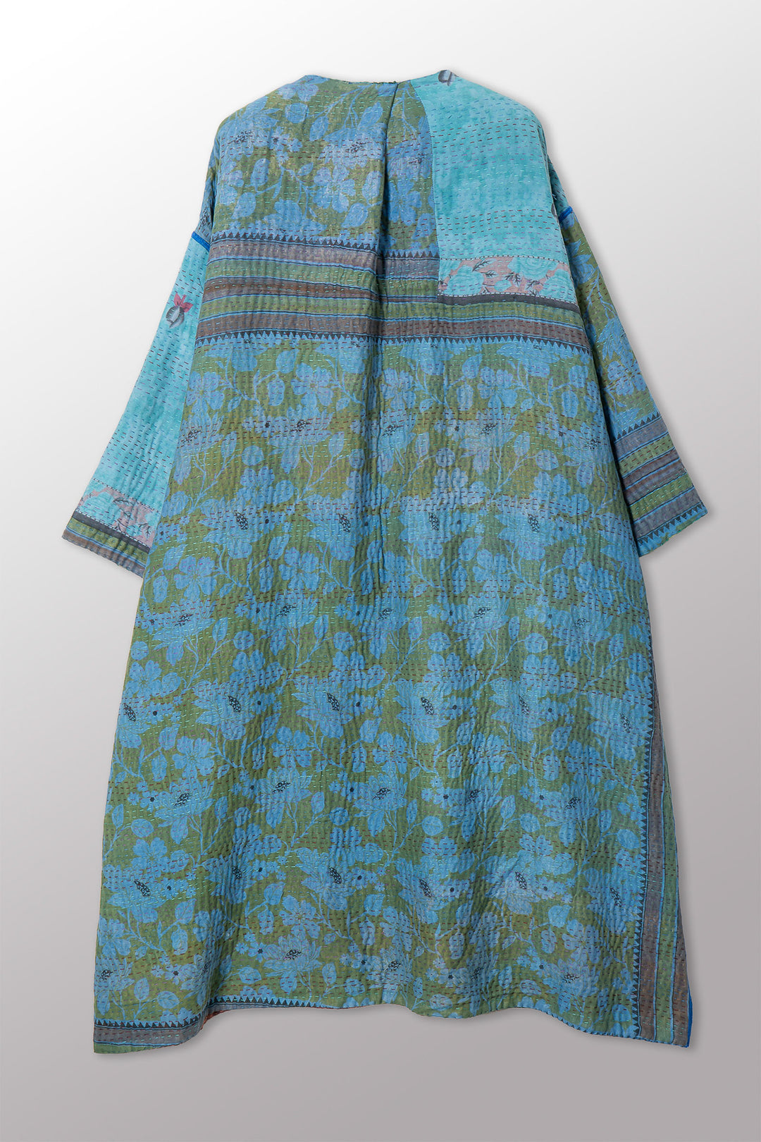VINTAGE SILK GEORGETTE COTTON KANTHA LONG DUSTER - gc4328-0002a -