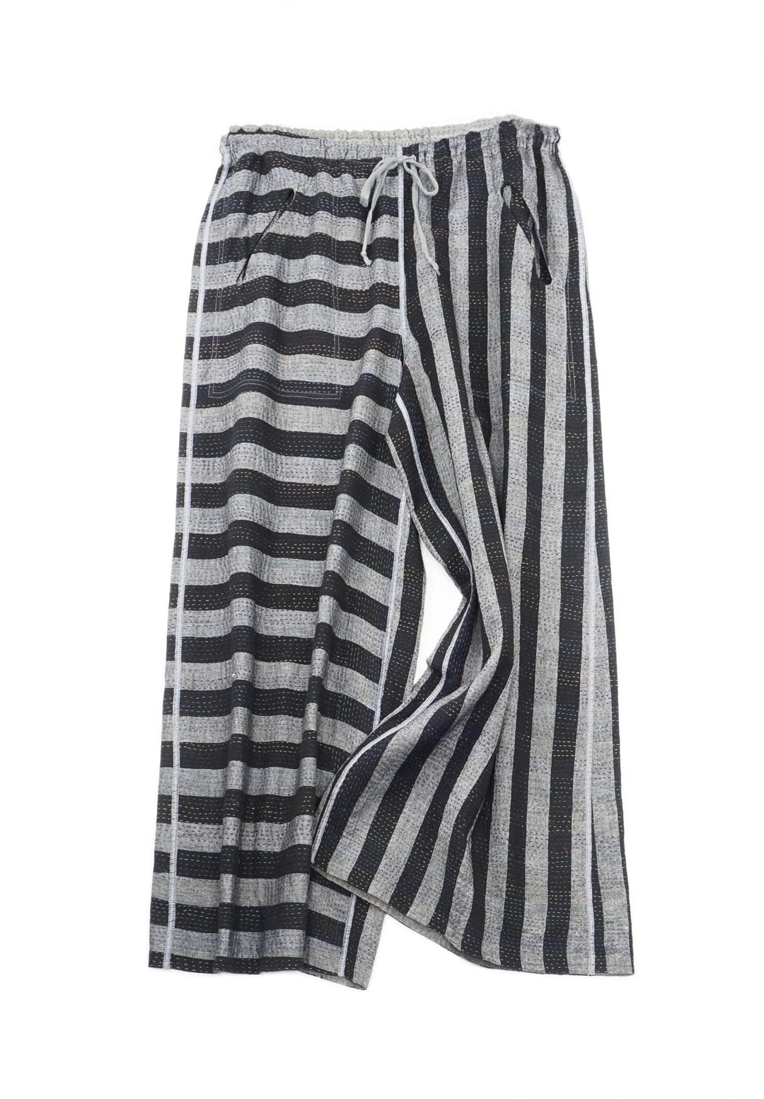 WOVEN STRIPE FRAYED PATCH BACK KANTHA DRAW STRING GAUCHO - wp2627-gry -