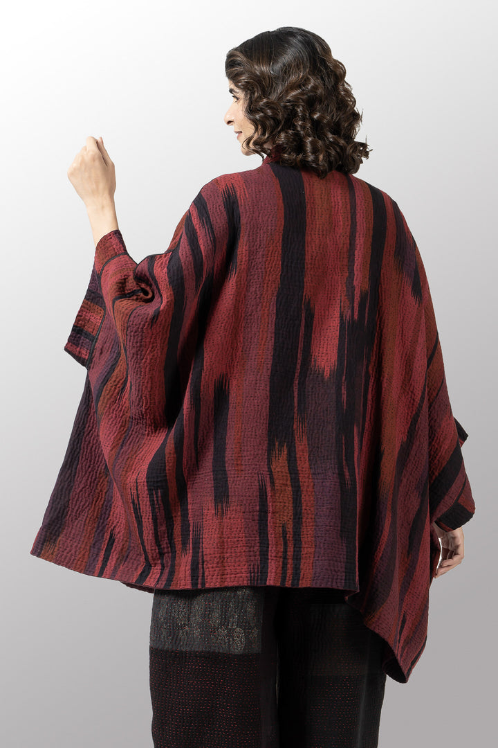 IKAT STRIPE KANTHA DOUBLE COLLAR PONCHO - is4323-DRD -