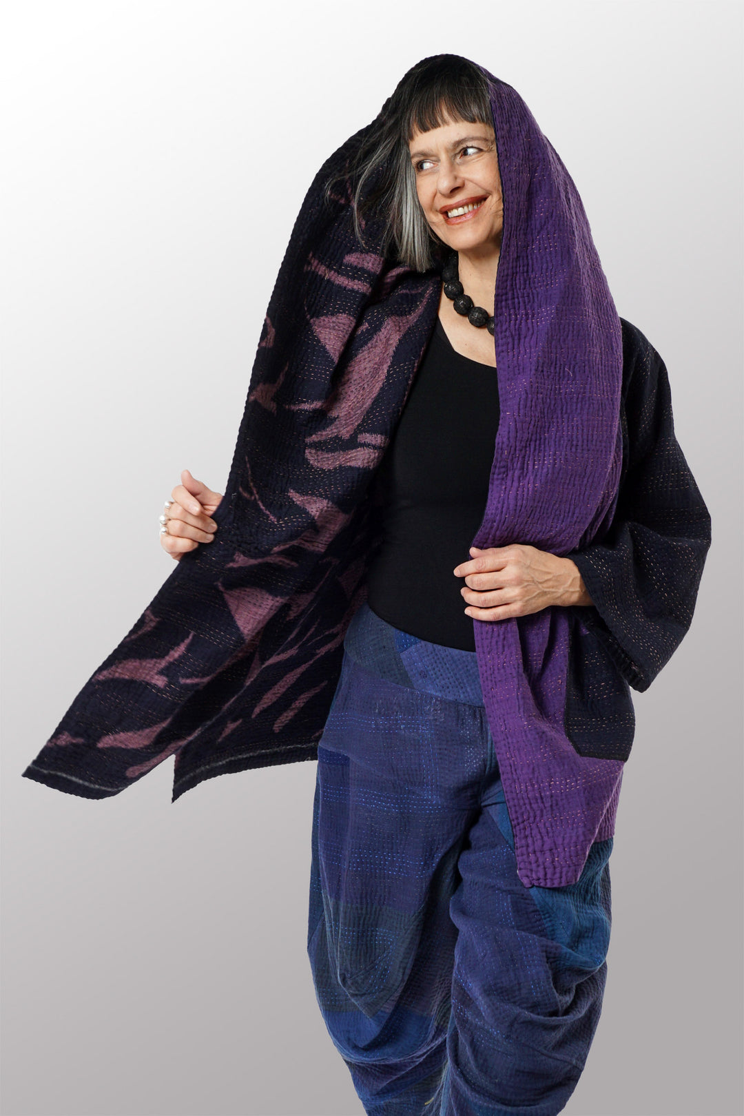 WOVEN HANDLOOM IKAT WITH OMBRE KANTHA HOODED A-LINE COAT - wh4341-prp -