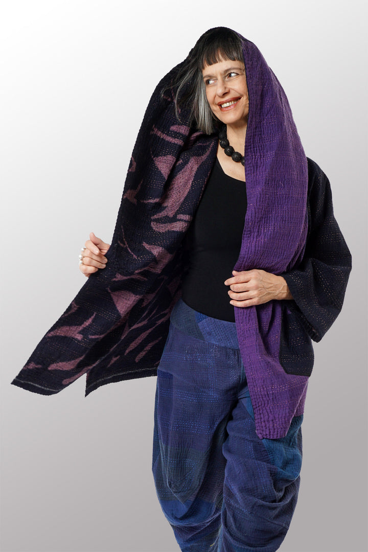 WOVEN HANDLOOM IKAT WITH OMBRE KANTHA HOODED A-LINE COAT - wh4341-prp -