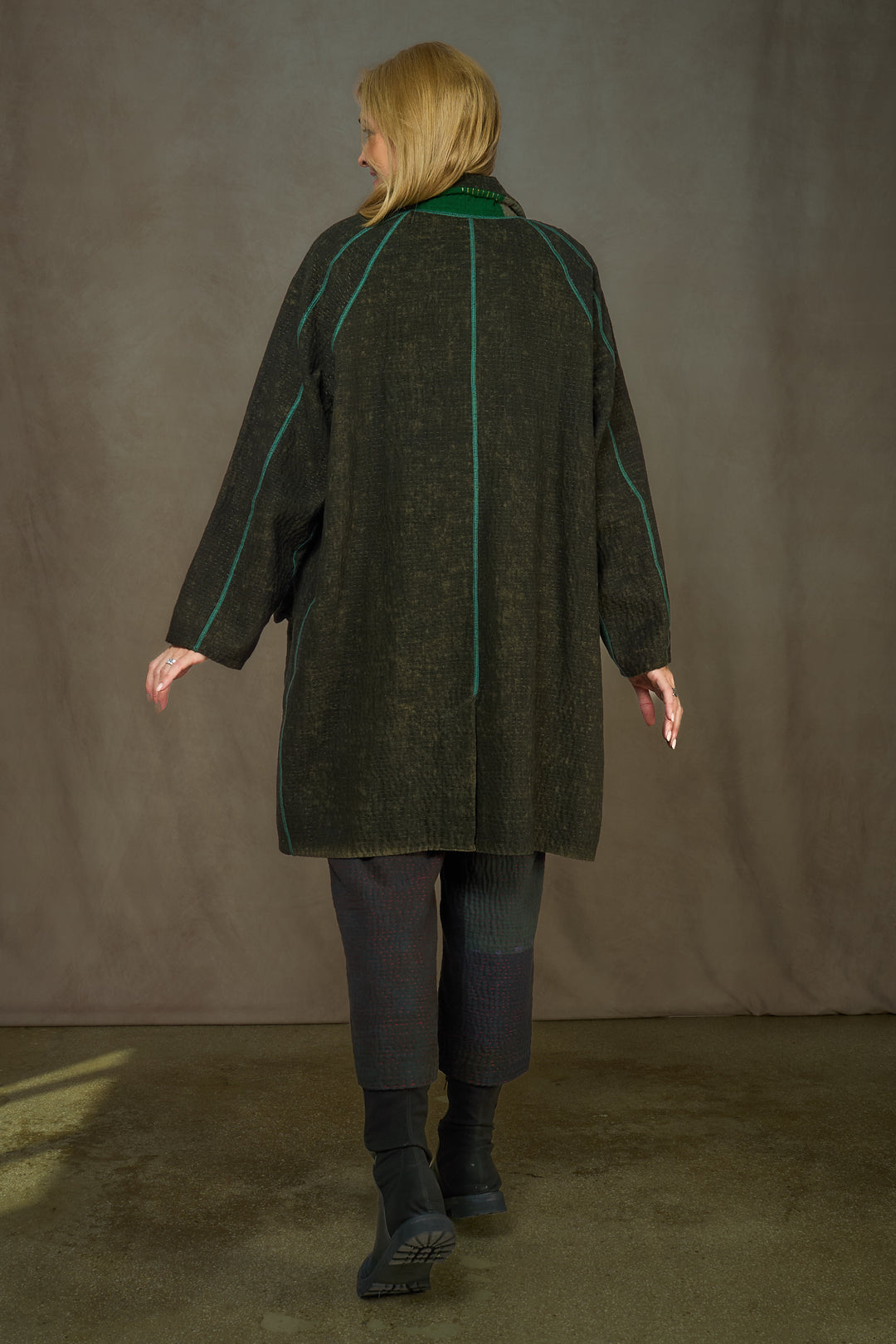 DENIM SUN-DYE KANTHA NEW  RAGLAN SLEEVE COAT - ds3353-grn -