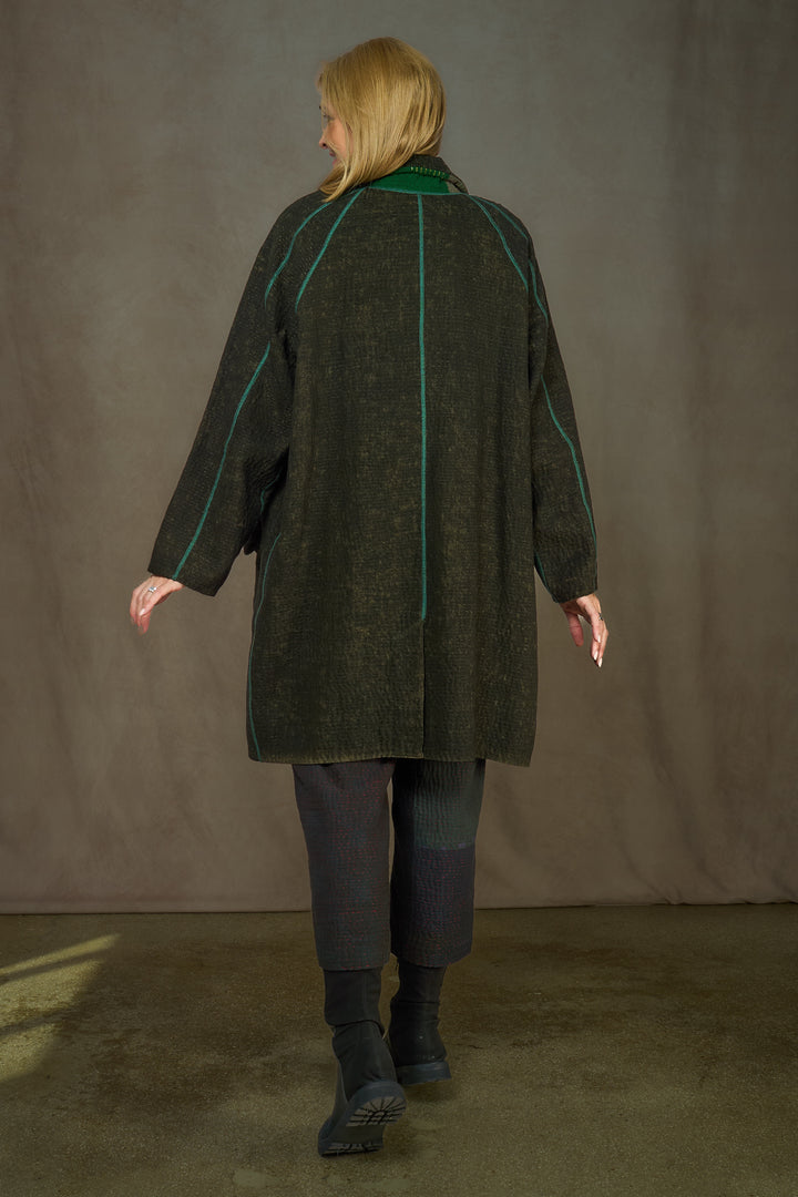 DENIM SUN-DYE KANTHA NEW  RAGLAN SLEEVE COAT - ds3353-grn -