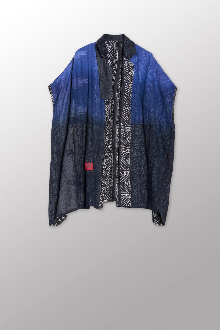 SILK COTTON OMBRE PRINT KANTHA SHIRT PONCHO - os2545-blk -