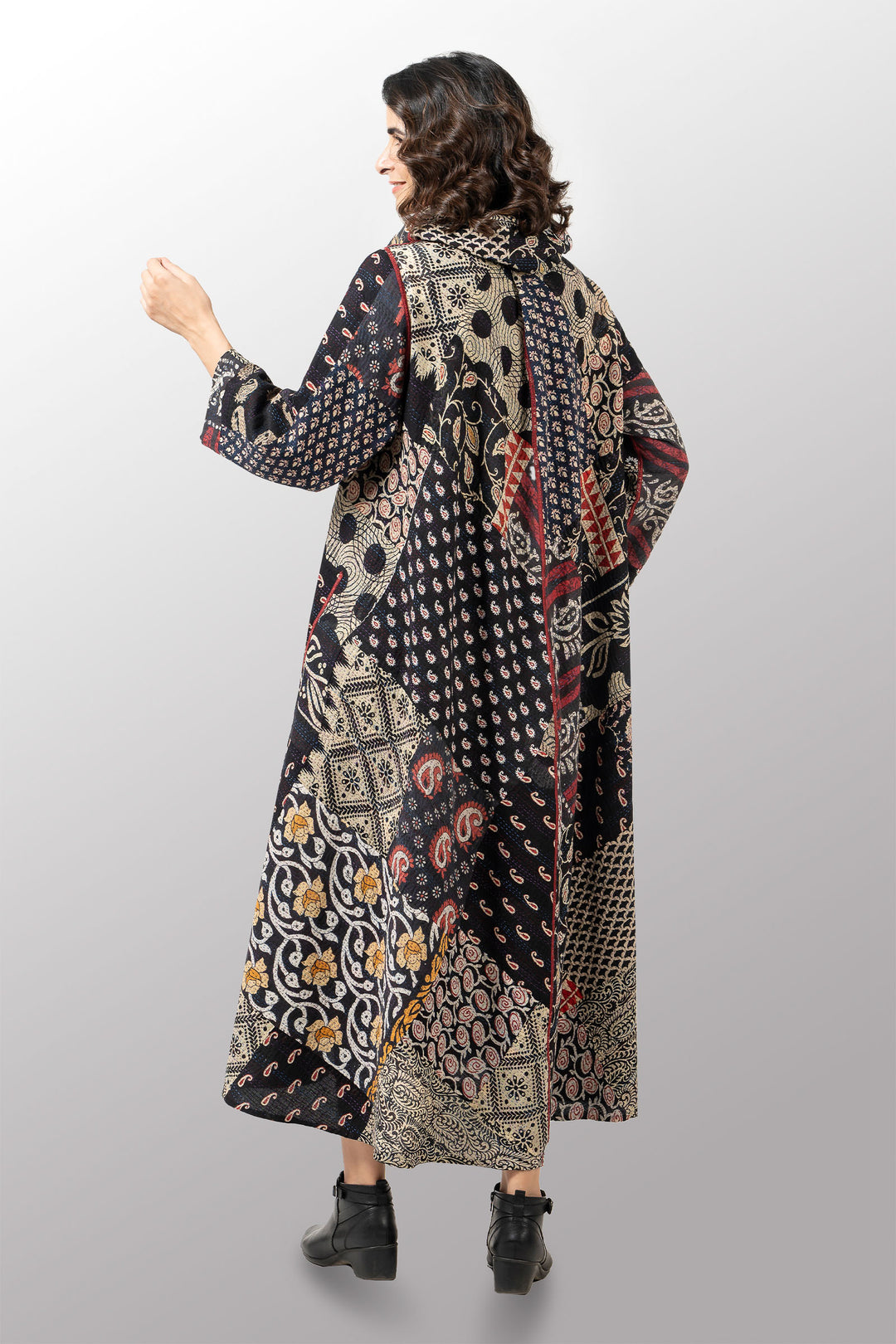 PATCH & CIRCLE PRINT KANTHA COWL NECK LONG SLEEVE DRESS - pc2450-blk -