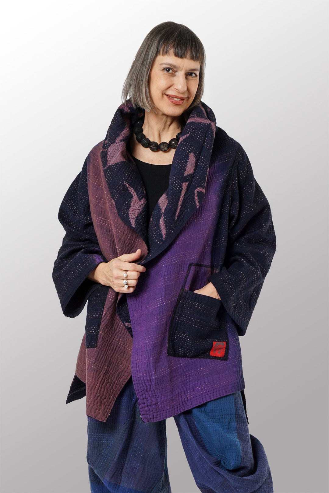 WOVEN HANDLOOM IKAT WITH OMBRE KANTHA HOODED A-LINE COAT - wh4341-prp -