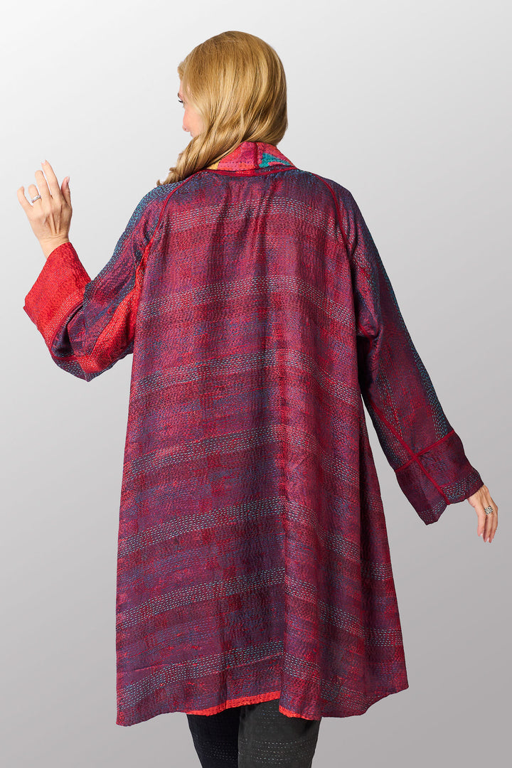 GEORGETTE JACQUARD VINTAGE SILK PATCH KANTHA KIMONO LONG JACKET - gj2005-0001a -
