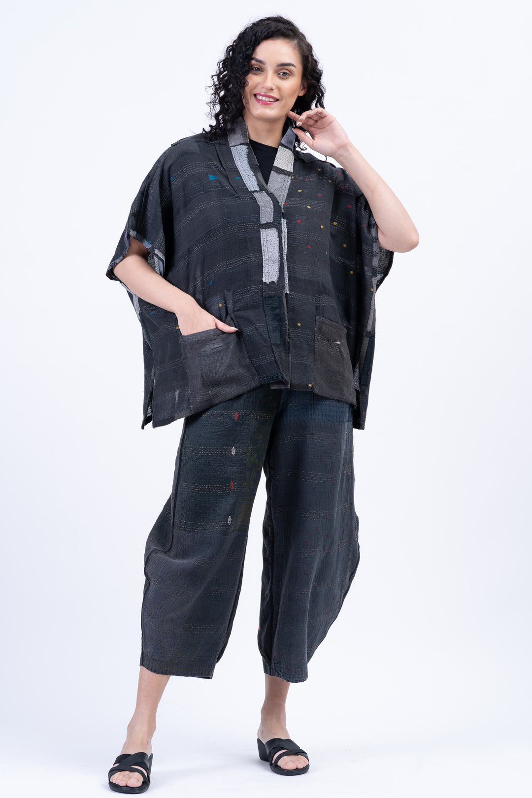 TONAL TILE PATCH KANTHA PONCHO TOP - tt2568-gry -