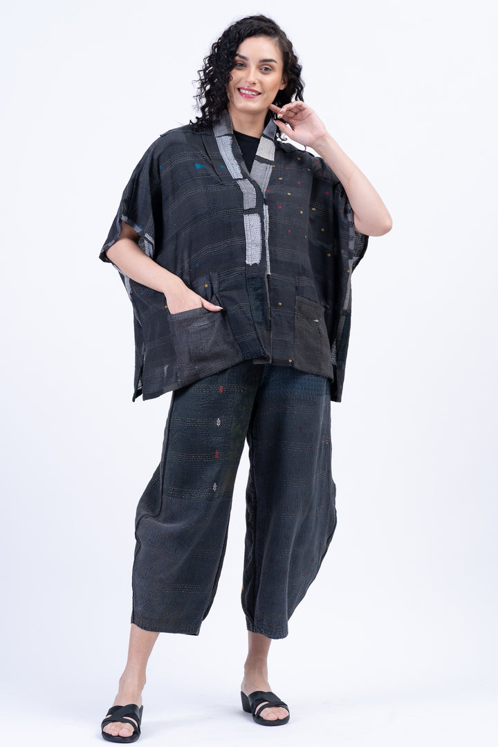TONAL TILE PATCH KANTHA PONCHO TOP - tt2568-gry -