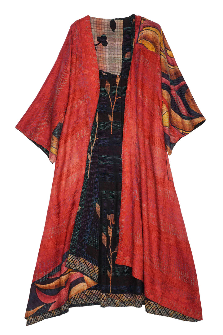 VINTAGE SILK GEORGETTE KANTHA KIMONO MAXI - sg2318-0002a -