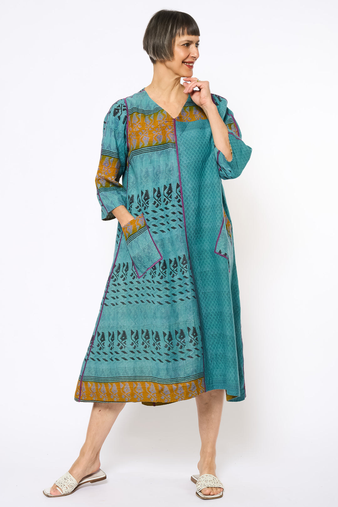 VINTAGE COTTON KANTHA V-NECK FLARE DRESS - cv2457-0003m -