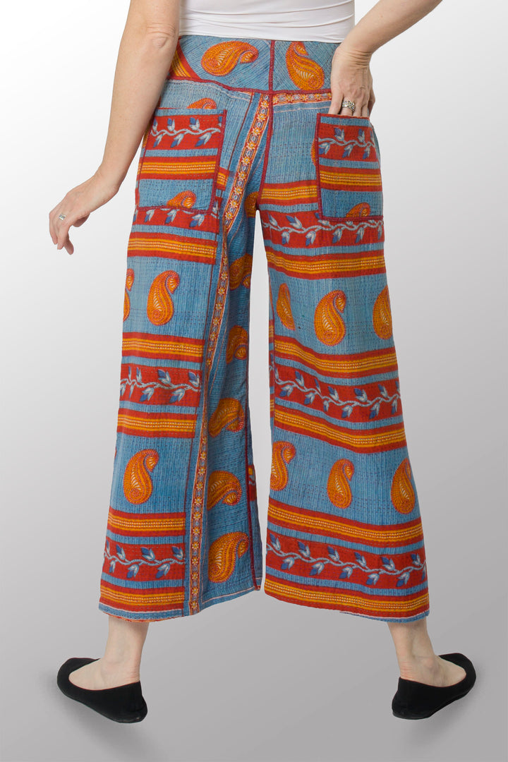VINTAGE COTTON KANTHA MID RISE WIDE LEG PANTS - cv2665-0002s -
