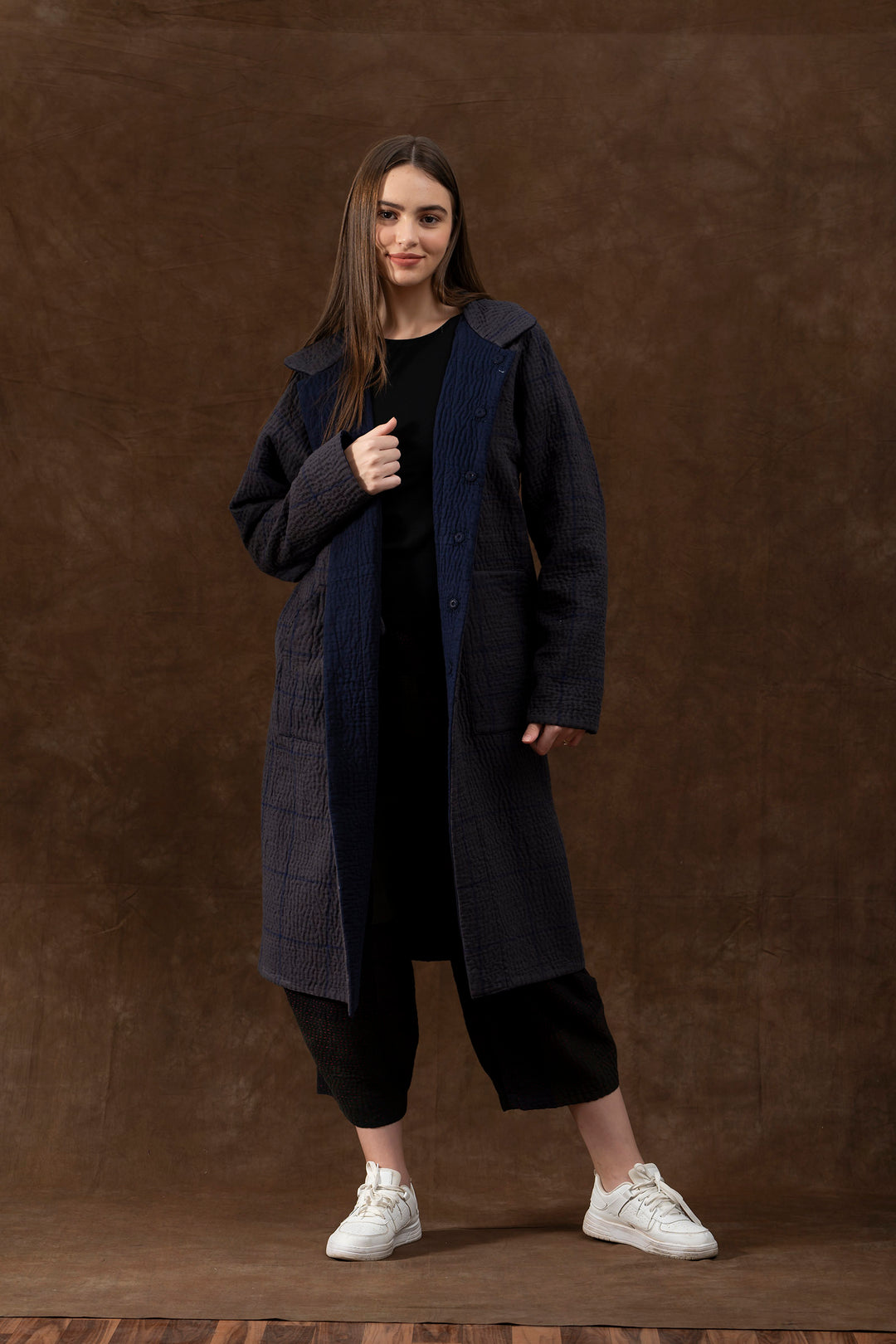 QUILTED VINTAGE COTTON WITH FLANNEL KANTHA RAGLAN SLEEVE COAT - fq5337-blk -