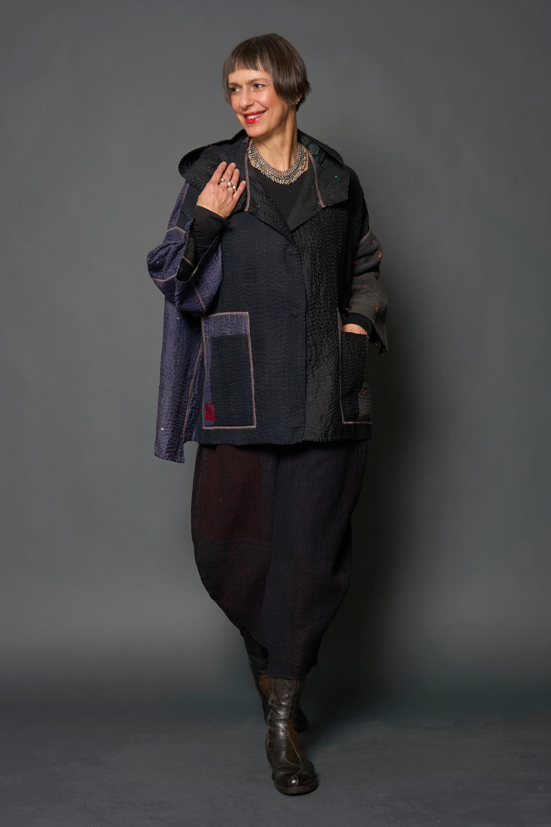 JEWEL WOVEN WITH VERTICAL PATCH KANTHA HOODIE PONCHO - jv4064-blk -
