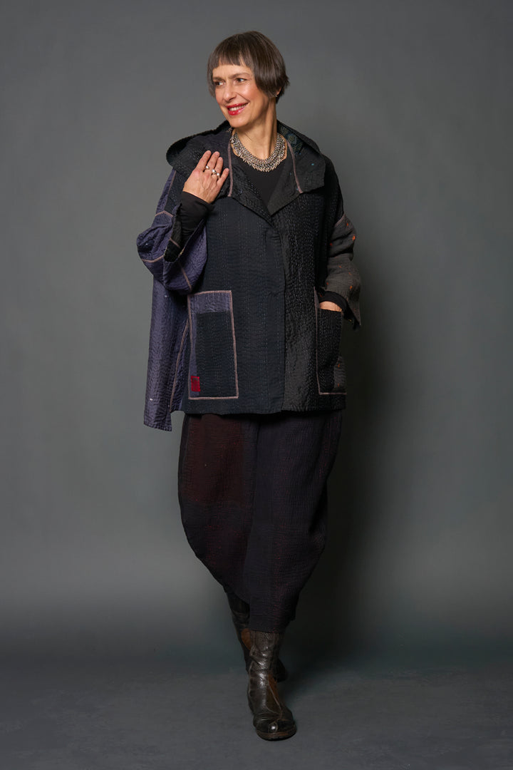 JEWEL WOVEN WITH VERTICAL PATCH KANTHA HOODIE PONCHO - jv4064-blk -