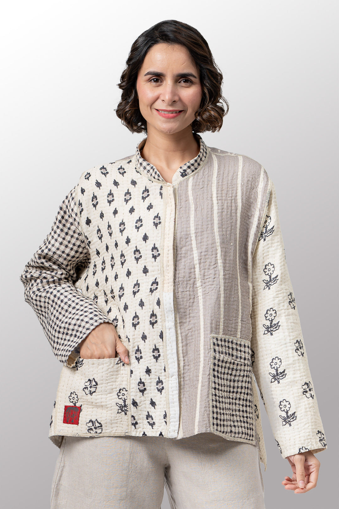 BBK PATCH KANTHA KAFTAN JACKET SHORT - bl-bbp4088-ivy -