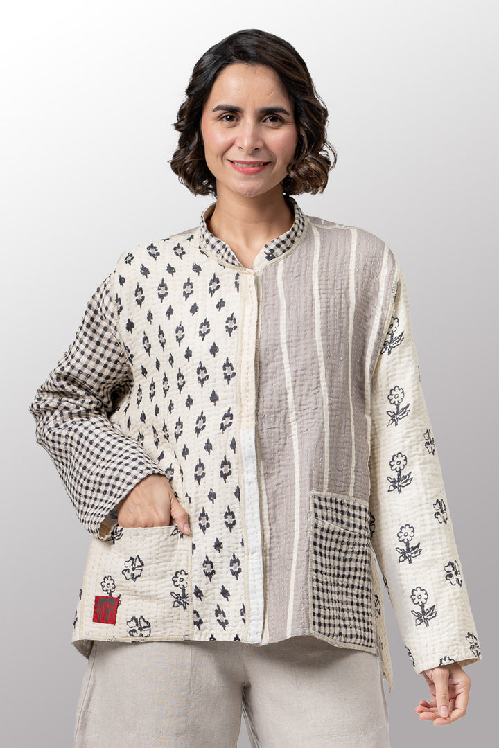 BBK PATCH KANTHA KAFTAN JACKET SHORT - bl-bbp4088-ivy -